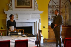 Mr Symes talks to Betty about her job - and her nervousness about electricity - in the authentic surroundings of the Steward's Room.